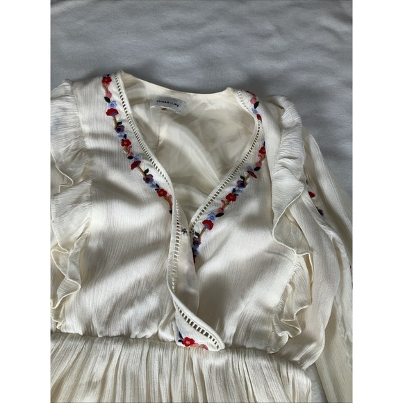 Sugar Lips Women's Size XS Ivory Boho Embroidered Balloon Sleeve Dress - Picture 9 of 14